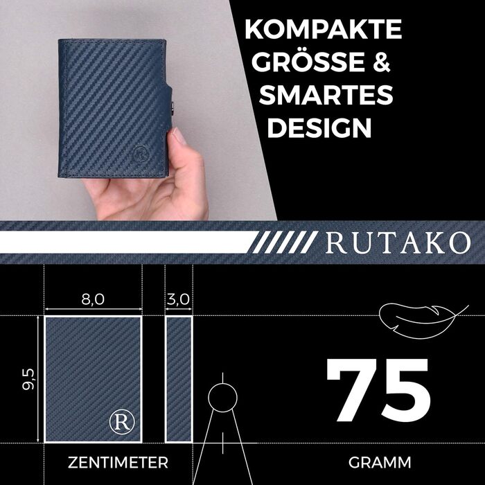 RUTAKO Slim Wallet with XL Coin Pocket & RFID Protection - Card Holder for Men & Women - Small Credit Card Wallet - Mini Purse - Small Portmonee/Portemonnaie - Wallet Carbon Blue