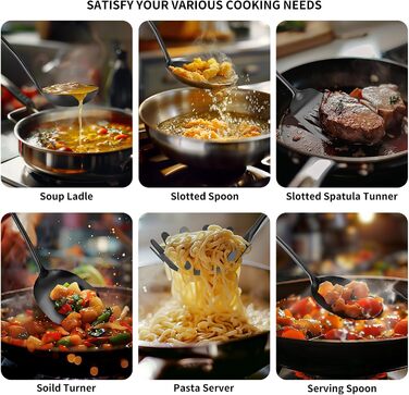 Набір кухонних аксесуарів з нержавіючої сталі 304, 12 предметів. Комплект кухонного начиння з лопатками, шумівками, ложками, друшляками, шпателями, виделкою для пасти та щипцями. Можна мити в посудомийній машині. Чорний колір.