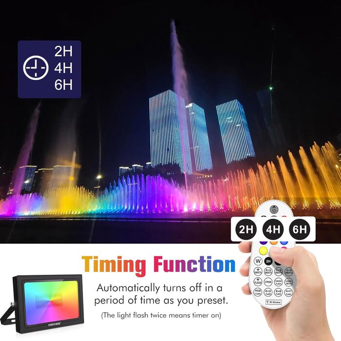 MEIKEE 60W RGB Floodlight with Remote Control, 30 Modes, 10 Colors, Timer, RGB Floodlight, IP66 Waterproof, 6 Brightness Levels, Spotlight, Colorful, Christmas, Halloween, Party, LED Floodlight, Decorative, 2 Pieces (1pc)