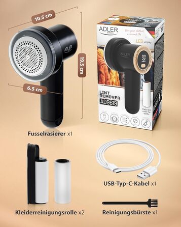 Машинка для видалення катишків Adler Europe: 6 лез, 3 швидкості, LED дисплей, USB зарядка, для одягу та тканин
