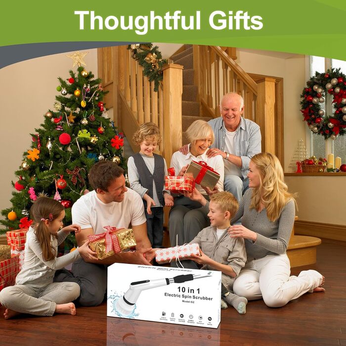 Електрична щітка для прибирання з 7 насадок, водонепроникна IPX7, регульована ручка, для ванної, кухні, підлоги, авто, біла