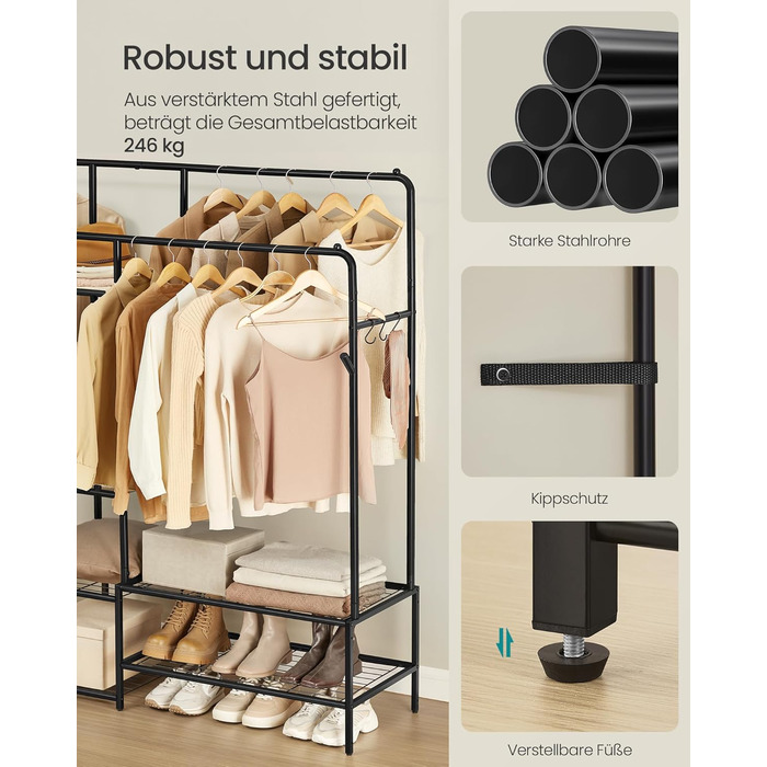 SONGMICS Стійка для одягу, відкрита шафа, вішалка для одягу з 7 полицями, металевий каркас, перекладина для одягу, для спальні, вітальні, передпокою, HSR182B01 (Чорний, 195 см)