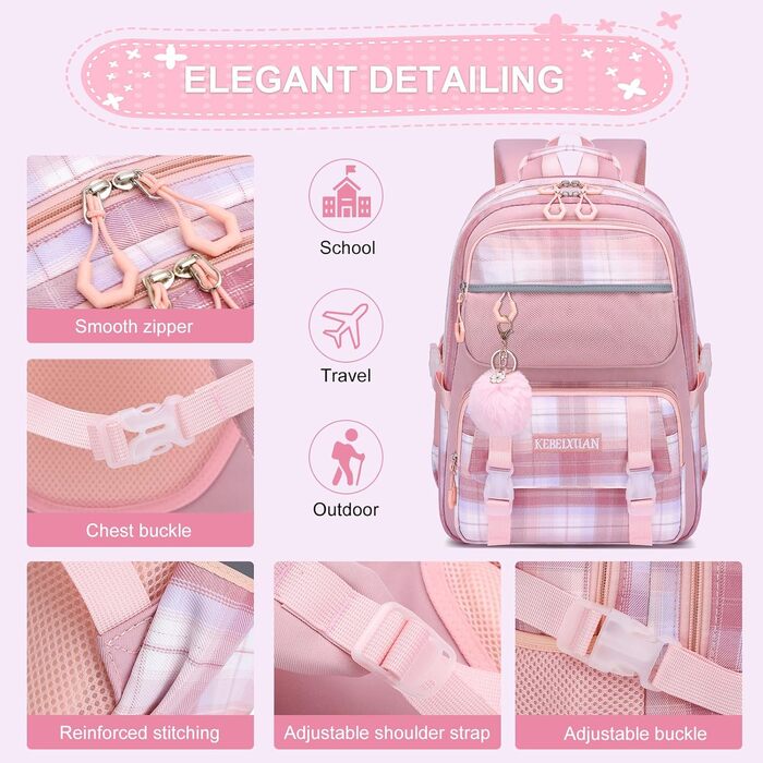 KEBEIXUAN Рюкзак для дівчинки, шкільна сумка 1-5 клас, дихаючий рюкзак з брелоком Pom-Pom, нагрудний ремінь, фіолетовий + ланч-бокс + пенал (рожевий)