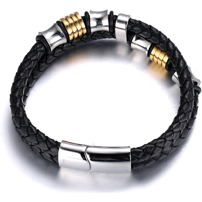 Браслет дитячий Halukakah Ehre Junior для хлопчиків зі шкіри чорного бика, з магнітним застежкою, покритий золотом/платиною, з титановими перлинами (6-12 років, 18-19.5 см)