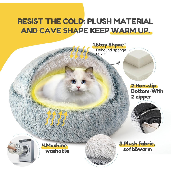 CATISM Cat Bed Washable Cat Sleeping Place for Cats Plush Pet Cat Head Pillow Cat Cushion Fluffy Kitten Puppy Snuggle Bed Pet Bed Grey