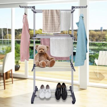 Bigzzia Clothes Rack Foldable 3 Tiers Stainless Steel Clothes Dryer Drying Rack with Two Side Wings Grey