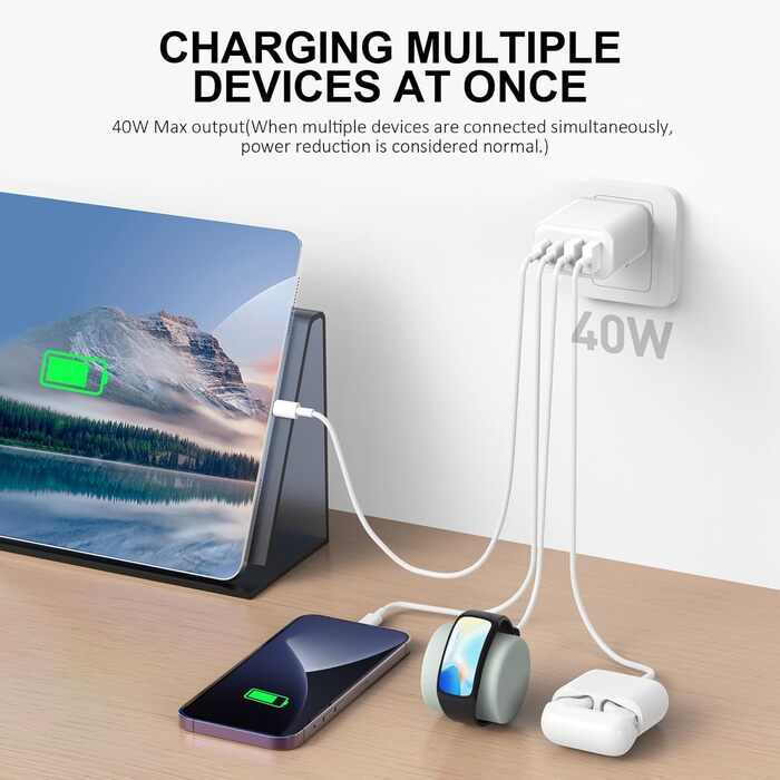 Мережевий адаптер USB C 40W 4-портовий: зарядка для iPhone, iPad, Galaxy та інших пристроїв