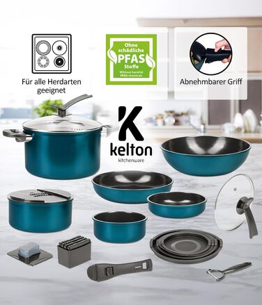 Набір посуду Kelton 27 предметів: каструлі, сковороди з антипригарним покриттям, набір для приготування їжі, без PFOA та PTFE, знімні ручки