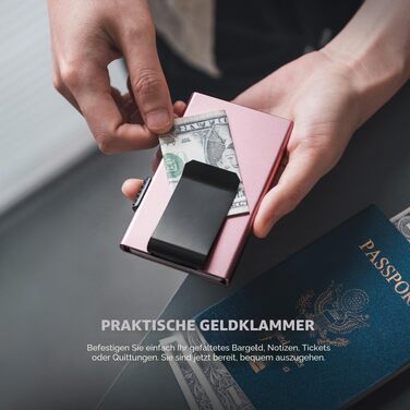 Мінімалістичний гаманець для карток VULKIT з RFID-захистом та Pop-Up механізмом, тонкий кредитний картхолдер з грошовою затискачкою (Колір: Rose Gold)