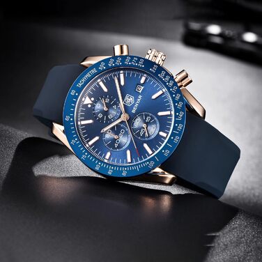 Годинник чоловічий Benyar кварцовий хронограф з датою, водостійкий 30M, спортивний, шкіряний, блакитний (з гумовим ремінком)