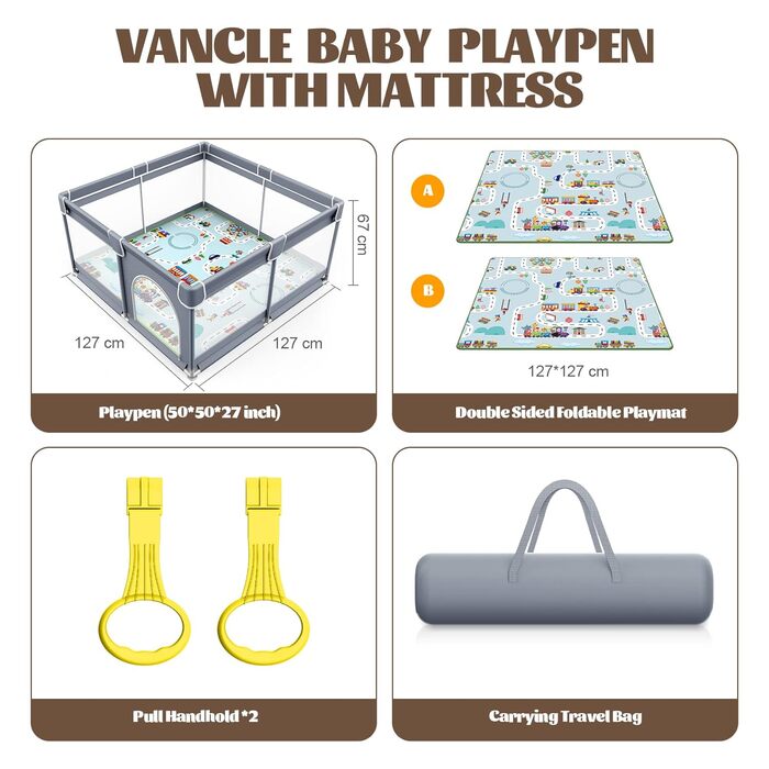 Дитячий манеж VANCLE 127x127 см з нековзкою основою, захисна огорожа для дітей, ігровий центр, стабільна конструкція