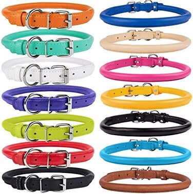 Шкіряний нашийник для собак CollarDirect, круглий, м'яко стьобаний, ручної роботи, з натуральної шкіри, для цуценят та дорослих собак, малих та великих порід, рожевий, червоний, фіолетовий, синій (темно-синій), 18-20 см