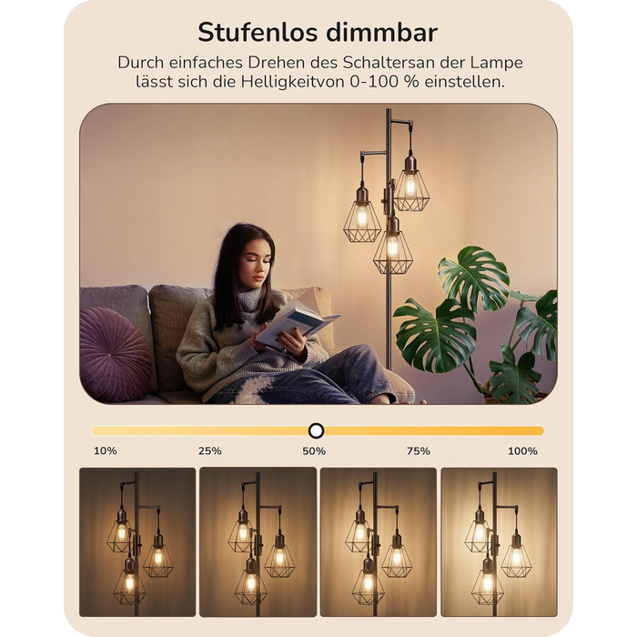 LED торшер Edishine для вітальні, 3 лампи, ретро стиль, диммування, 4W E27, регулювання поворотною ручкою, індустріальний дизайн, металевий абажур-сітка, 2700K, висота 166 см, колір: коричневий