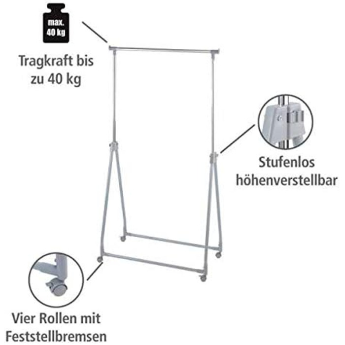 WENKO Clothes Rack Folding, Clothes Storage with Adjustable Clothes Rail and Wheels, Plastic/Metal, 88 x 100-168 x 11-49 cm, Chrome/Grey