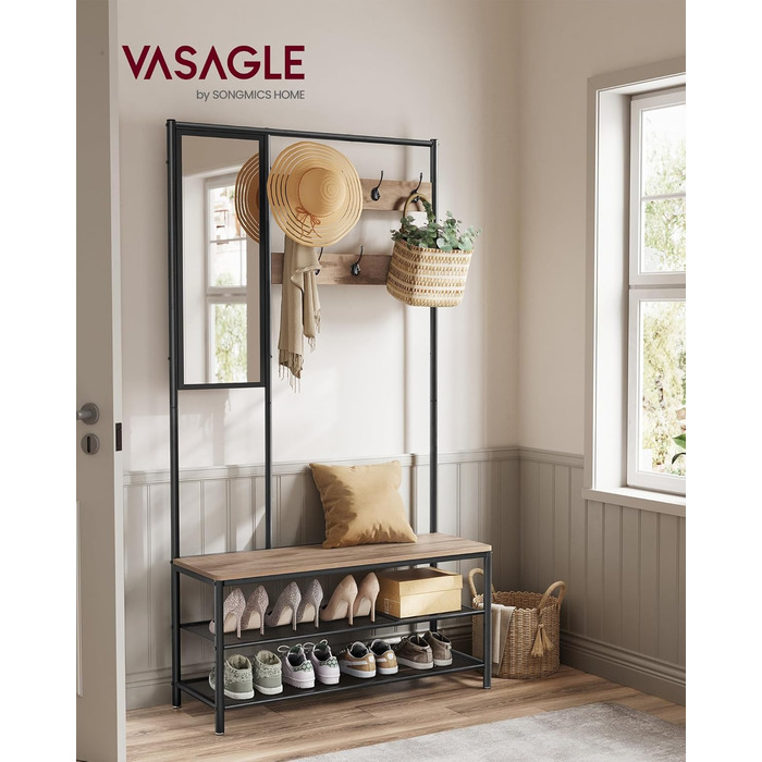 VASAGLE Coat Rack, Wardrobe, Coat Stand with Hooks, Mirror, Bench, 35 x 98 x 180 cm, for Entryway, Bedroom, Living Room, Modern, Oak-White HSR415W09 (Camel Brown + Ink Black)