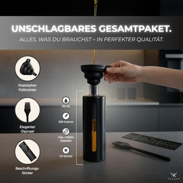 Розпилювач для олії та оцту VALUXE® з нержавіючої сталі з УФ-покриттям та фільтром - флакон для олії, оливкового оцту, преміум-якість (Чорний)