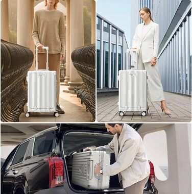 Чемодан ручної поклажі 56 см, 20 дюймів, з алюмінієвим каркасом, PC корпус, 4 колеса, TSA замок, USB-порт, тримач для напоїв, білий