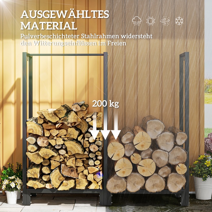 Стильна полиця для дров Outsunny (Aosom) – 123 x 32 x 115 см. Міцна сталева конструкція, що складається з двох секцій, має три гачки та витримує до 200 кг. Ідеально підходить для використання як на відкритому повітрі, так і в приміщенні.