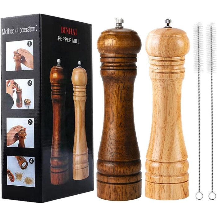 Набір дерев'яних мельниць для перцю та солі (2 шт.) з регульованими керамічними жорнами