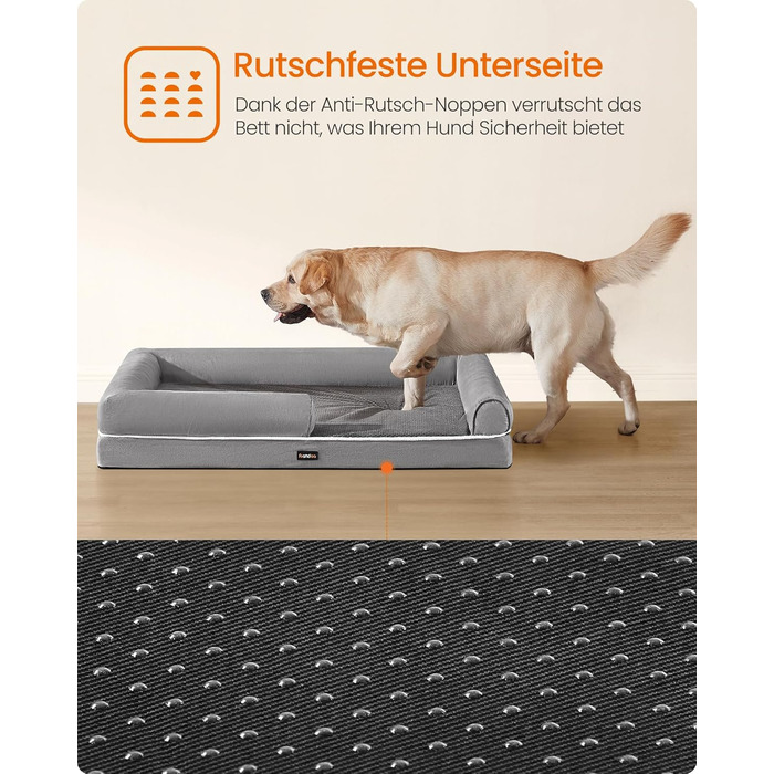 Feandrea Orthopedic Dog Bed, Dog Cushion, Dog Basket, Soft Padding, Dog Sofa, Raised Sides, Removable and Washable Cover, 91 x 71 x 20 cm, Non-Slip Bottom, PGW076G01 (L 135 x W 107 x H 25 cm, Light Grey)
