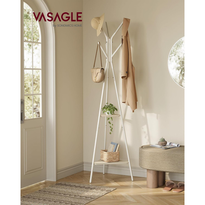 VASAGLE Coat Rack in Tree Shape, Clothes Rack, Freestanding Wardrobe, Industrial Design, with 2 Shelves, for Clothing, Hats, Bags, Vintage Brown-Black RCR16BXV1 (Beige + Pearl White)