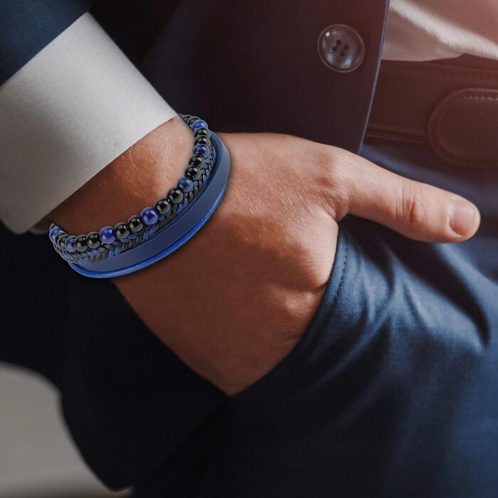 Браслет чоловічий шкіряний Lederarmband з магнітною застібкою з нержавіючої сталі, плетінка, синій (18.5 см) + Подарункова коробка