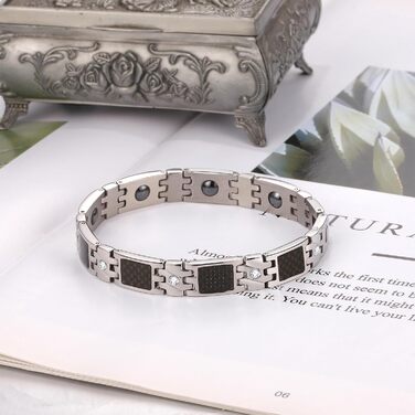 Чоловіче магнітне браслет JewelryWe з нержавіючої сталі, терапевтичний ефект, великий, масивний, з ланцюжком, для здоров'я, подарунок на День батька (вуглеволокно & цирконій, чорний/сріблястий)