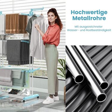 Сушарка для білизни GOPLUS 4-рівнева розкладна з 2 тримачами для вішалок, 3 висувними полицями, полицею для взуття та 4 колесами для використання в приміщенні та на вулиці (Блакитна)