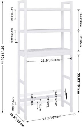 SMIBUY Toilet Shelf, Bamboo Toilet Rack, Adjustable Washing Machine Shelf, Bathroom Shelf with 3 Storage Shelves, Space-Saving, Easy to Assemble, White