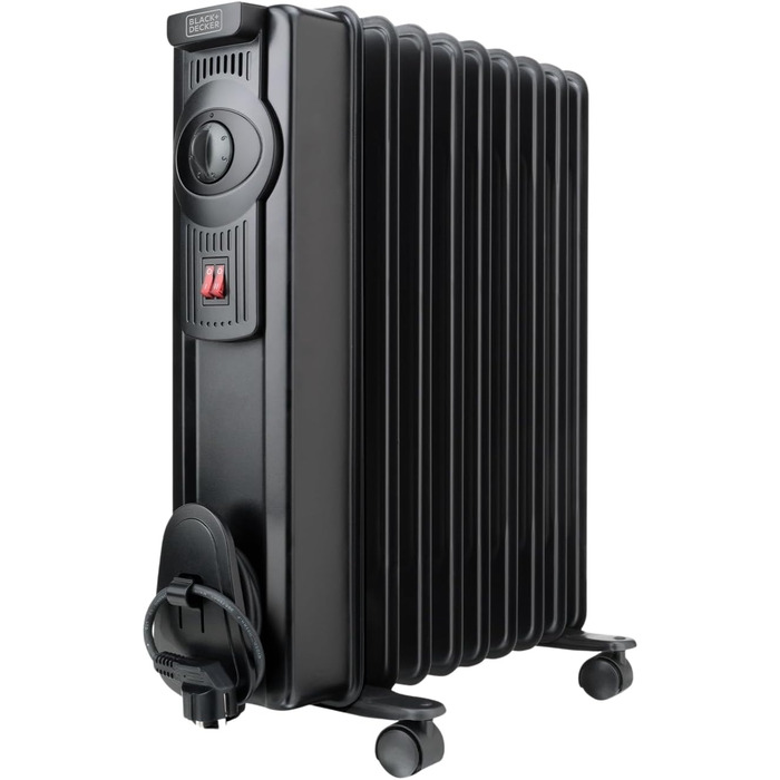 Масляний радіатор BLACK+DECKER BXRA1500E, 1500 Вт, 2 режими нагріву, регулювання потужності, чорний колір