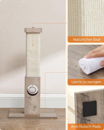 Feandrea Scratching Post, Scratching Trunk, Cat Tree, 10 cm Thick Trunk, Scratching Column Made of Natural Sisal Rope, 73 cm High, with Plush Play Ball, Furniture Scratch Protector, Greige PCA021G01