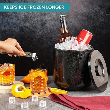 Kurtzy Black Ice Bucket with Lid and Tongs - Double-Walled/Insulated 4L Ice Cube Container with Lid - Keeps Ice Frozen Longer - Ice Cube Cooler for Bars/Parties & for Chilling Beer/Wine
