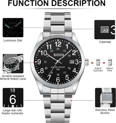 Годинник чоловічий LENQIN з нержавіючої сталі, кварцовий, аналоговий, водонепроникний (30M), стильний, повсякденний, срібно-чорний