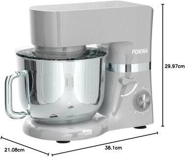 Міксер кухонний POWWA 6.2L: планетарний міксер, 6+1 швидкості, 1500W, з набором насадок (міксер, гак для тіста, вінчик) та захистом від бризок, срібний