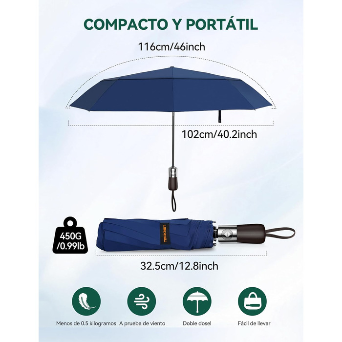 TECKNET Автоматичний парасолька, стійкий до вітру, легкий у використанні, синій