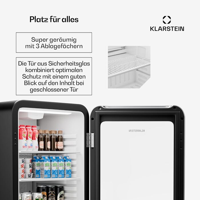Klarstein Audrey Evo: Холодильник для напоїв 68L, ретро-дизайн, LED-підсвітка, подвійне скло, 0-10°C, клас енергоефективності C, регульовані ніжки, чорний