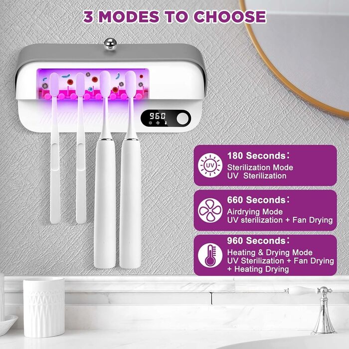 Bestcool Toothbrush Holder Wall Mount, UV Toothbrush Sterilizer with 4 Brush Slots, UVC Sterilization & Drying Electric Toothbrush Holder for Baby & Family, Bathroom Organizer