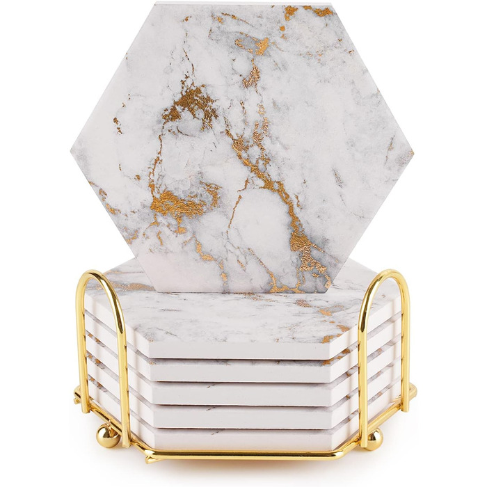 Marble-Style Coasters, Set of 6 - Drink Coasters for Wood Table with Metal Holder - Golden Ceramic Cup Set - Rustic Home Decor, Room Decor, Party