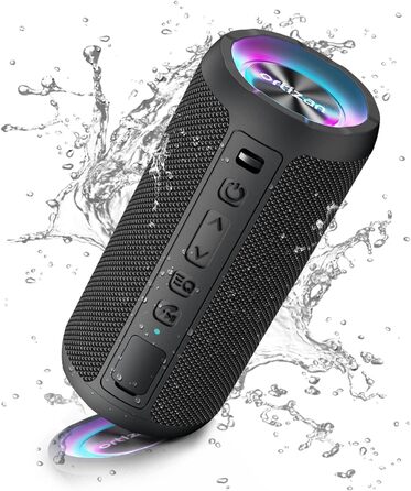 Портативна Bluetooth колонка Ortizan з підсвічуванням, IPX7 водонепроникність, подвійний бас, 30 годин роботи, функція гучного зв'язку, чорна