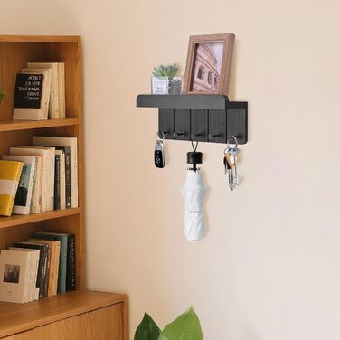 Дерев'яне ключниця з полицею, настінна | 5 гачків | для прихожей, кухні, спальні (чорний)