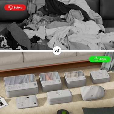 Органайзер для валізи Yomisee, Набір з 7 частин, Packwürfel Set, Органайзери для одягу в подорож, Сірий