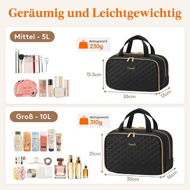 Жіноча дорожня косметичка Lifewit 5L, водовідштовхувальна косметичка з відділенням для мокрого одягу, органайзер для макіяжу, аксесуарів, шампуню та туалетних речей, чорна, M
