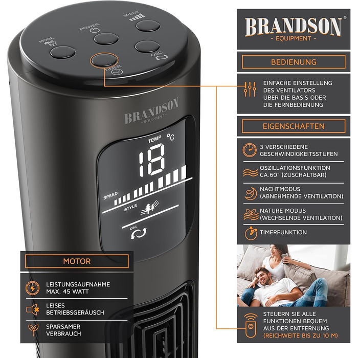 Вентилятор Tower Brandson з пультом дистанційного керування, 96 см, 3 швидкості, графітовий (Aschgrau) - нагорода 2026