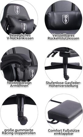 TRISENS Gaming Chair with Racing Design featuring flexible padded armrests, ergonomic PC gaming chair in leather look, desk chair with retractable footrest and extra support cushion, color: black