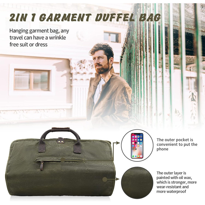 Сумка-чохол для одягу 2-в-1 Canvas Leder American Casual (Віск, Армійсько-зелений) для подорожей та бізнес-поїздок з плечовим ременем