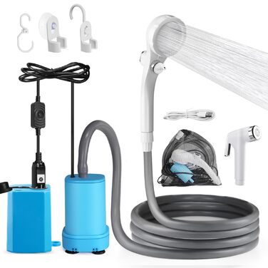 Портативна душова кабіна для кемпінгу AUTOPkio з акумулятором 12V/24V, 4500mAh, з помпою, блакитна