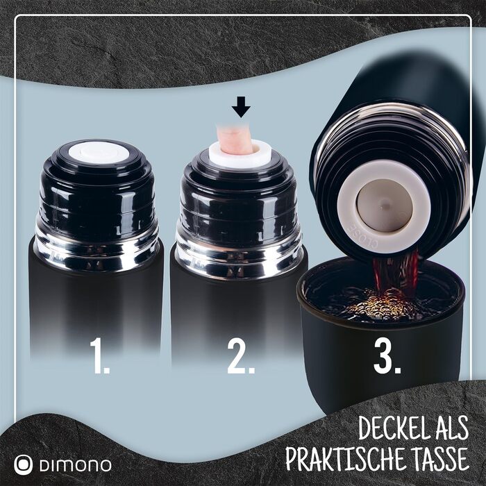 Термос з нержавіючої сталі з чашкою та щіткою; термос-каструля з подвійними стінками; не протікає, придатний для миття в посудомийній машині & BPA-free + щітка для чищення; зберігає напої гарячими та холодними (Чорний - 1000 мл)