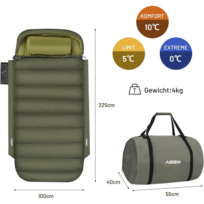 Сплячий мішок AGEM для дорослих: літо, зима, 3-4 сезони, кемпінг, рибалка, 225x100 см, 4-5 кг