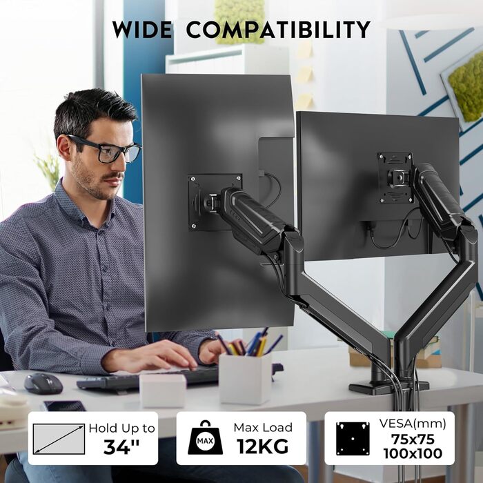 Підставка для монітора BONTEC для 2 моніторів, 14-34 дюйми, газліфт, VESA 75/100, регульована, поворотна, 360°, ергономічна, з кабелеуправлінням, для дому/офісу та геймінгу