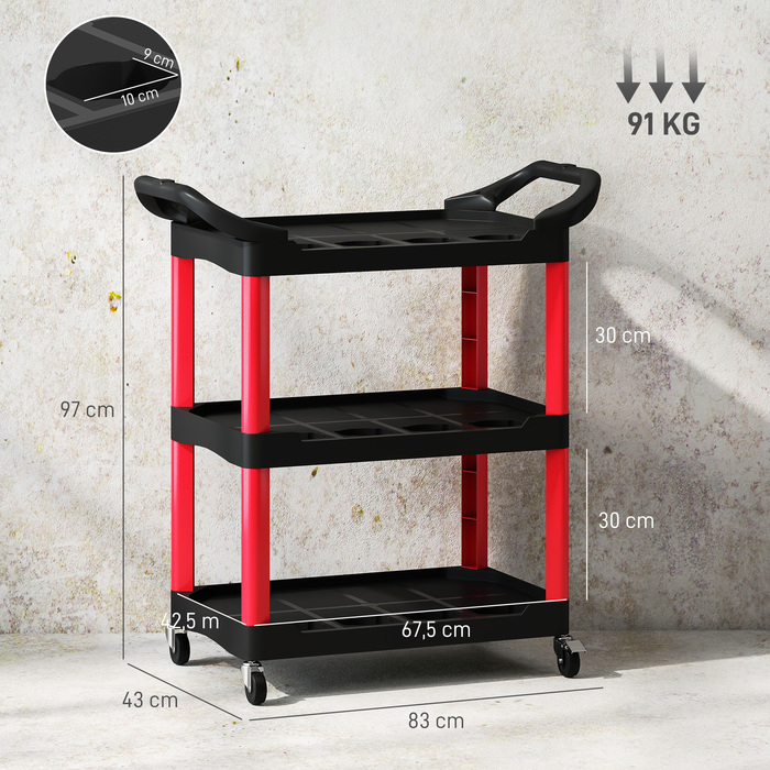 HOMCOM 3-Tier Workshop Utility Cart, Tool Cart with Handle, Hook Holes for Tools, Assembly Cart for Garage, Warehouse, Maximum Load Capacity 91 kg, Red+Black | Aosom